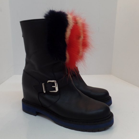 Fendi Shoes - Fendi Caroline Fur Trimmed Buckle Accent Black Leather Boots Sz 39.5 or US Sz 9